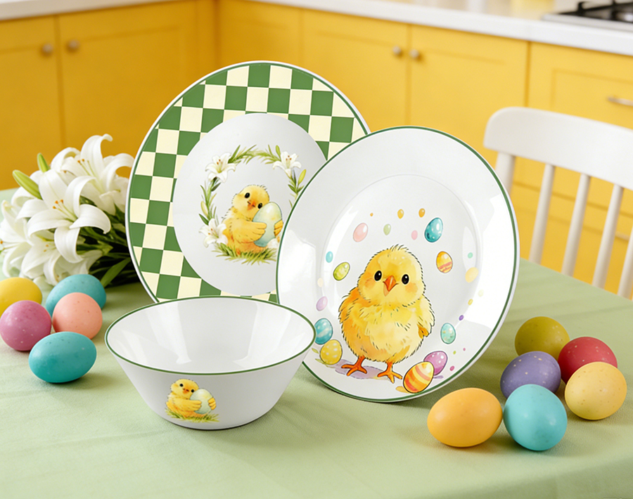18pcs Opal Glass Dinner Set Easter Chick Design Durable Kids Tableware Bulk Supply