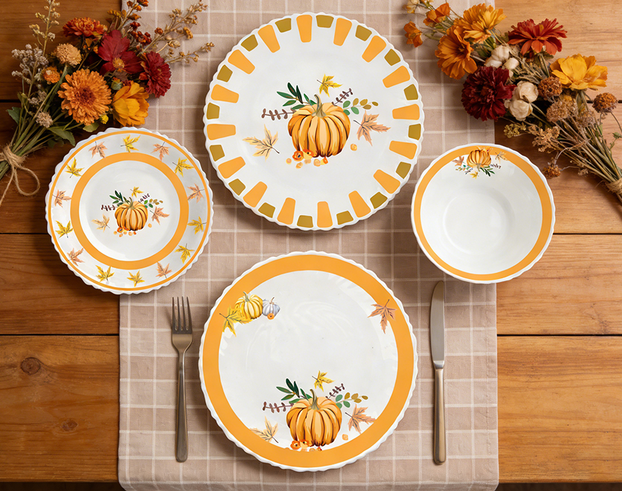 18pcs Opal Glass Dinner Set Autumn Pumpkin Design Durable Family Dinnerware Set
