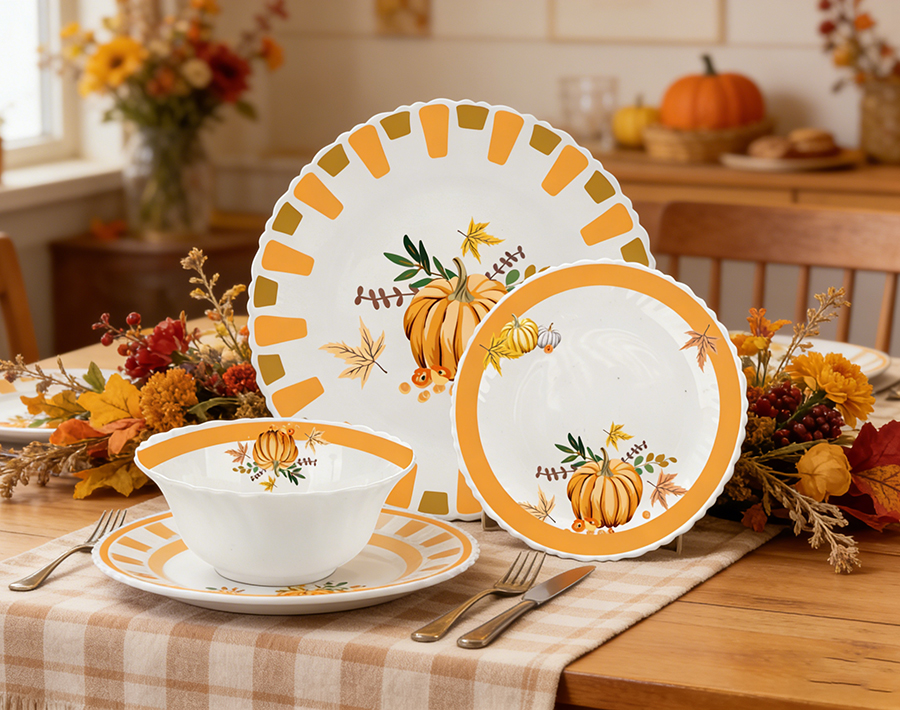 18pcs Opal Glass Dinner Set Autumn Pumpkin Design Durable Family Dinnerware Set