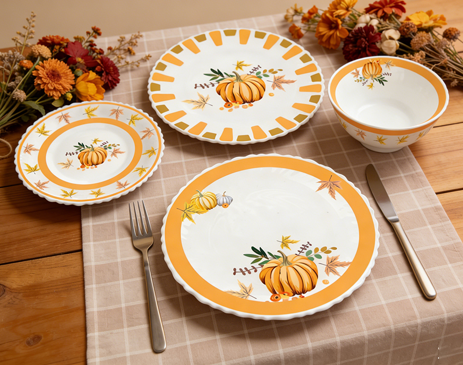 18pcs Opal Glass Dinner Set Autumn Pumpkin Design Durable Family Dinnerware Set