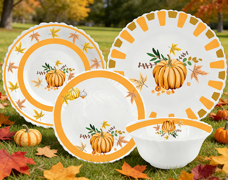 New Collection 18PCS Opal Glass Dinner Set Pumpkin Design Durable Family