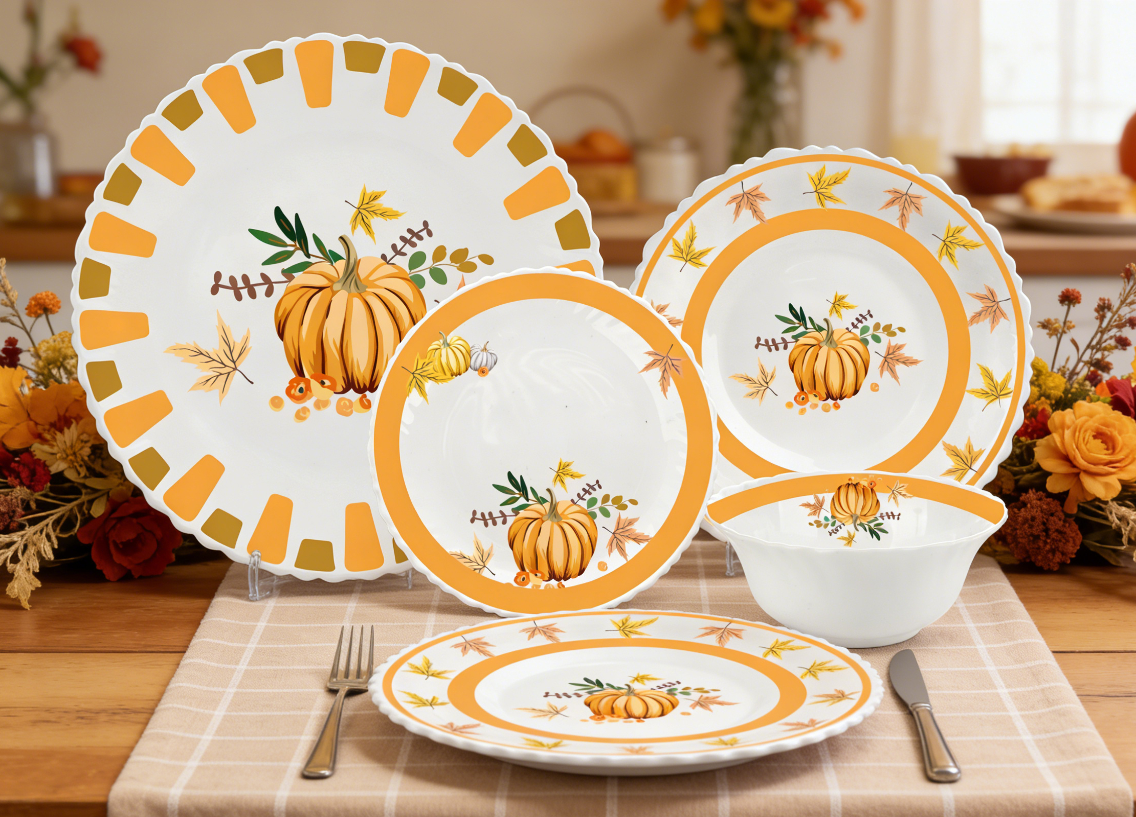 New Collection 18PCS Opal Glass Dinner Set Pumpkin Design Durable Family